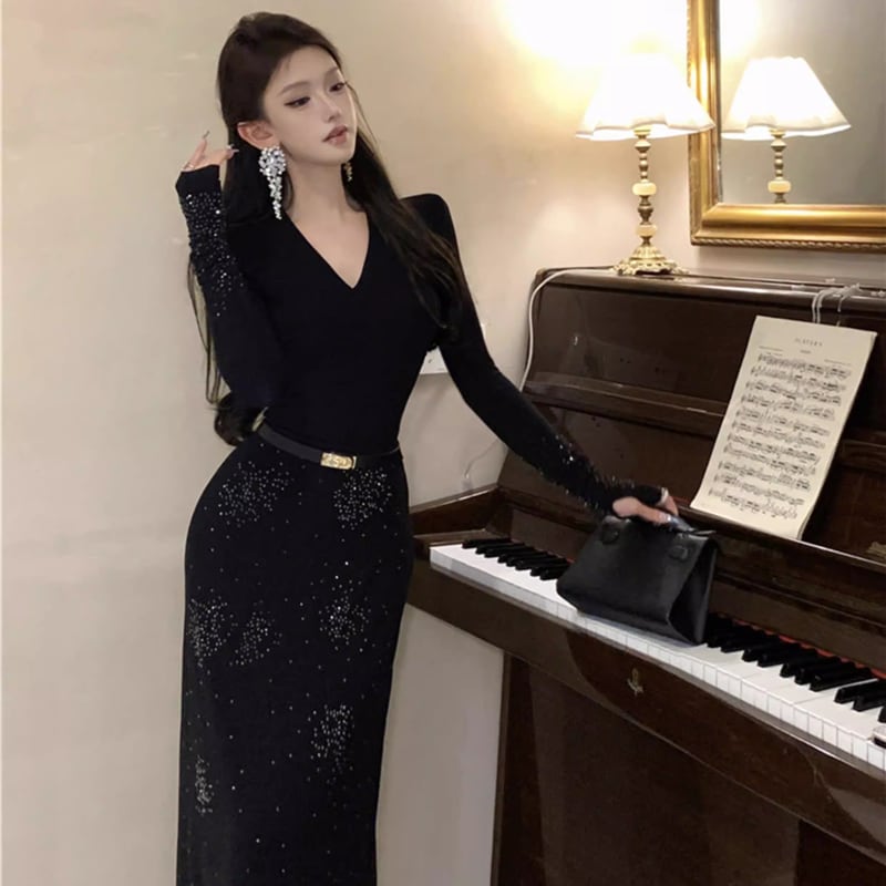 【set】ラインストーン付きトップス×ロングスカートセット Q7936