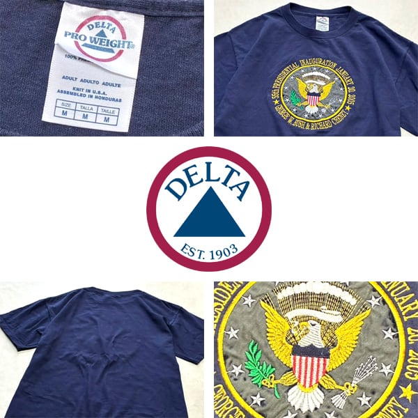 1点物◇00sデルタDELTA大統領就任式記念ロゴ刺繍Tシャツ古着メンズML