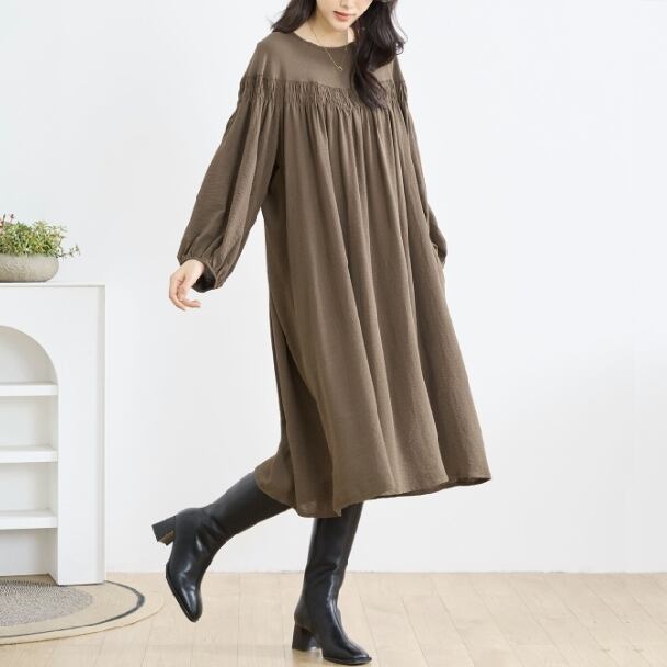 ワンピース ギャザー切り替えワンピ N82-010 TRUBE L～LL モカベージュ