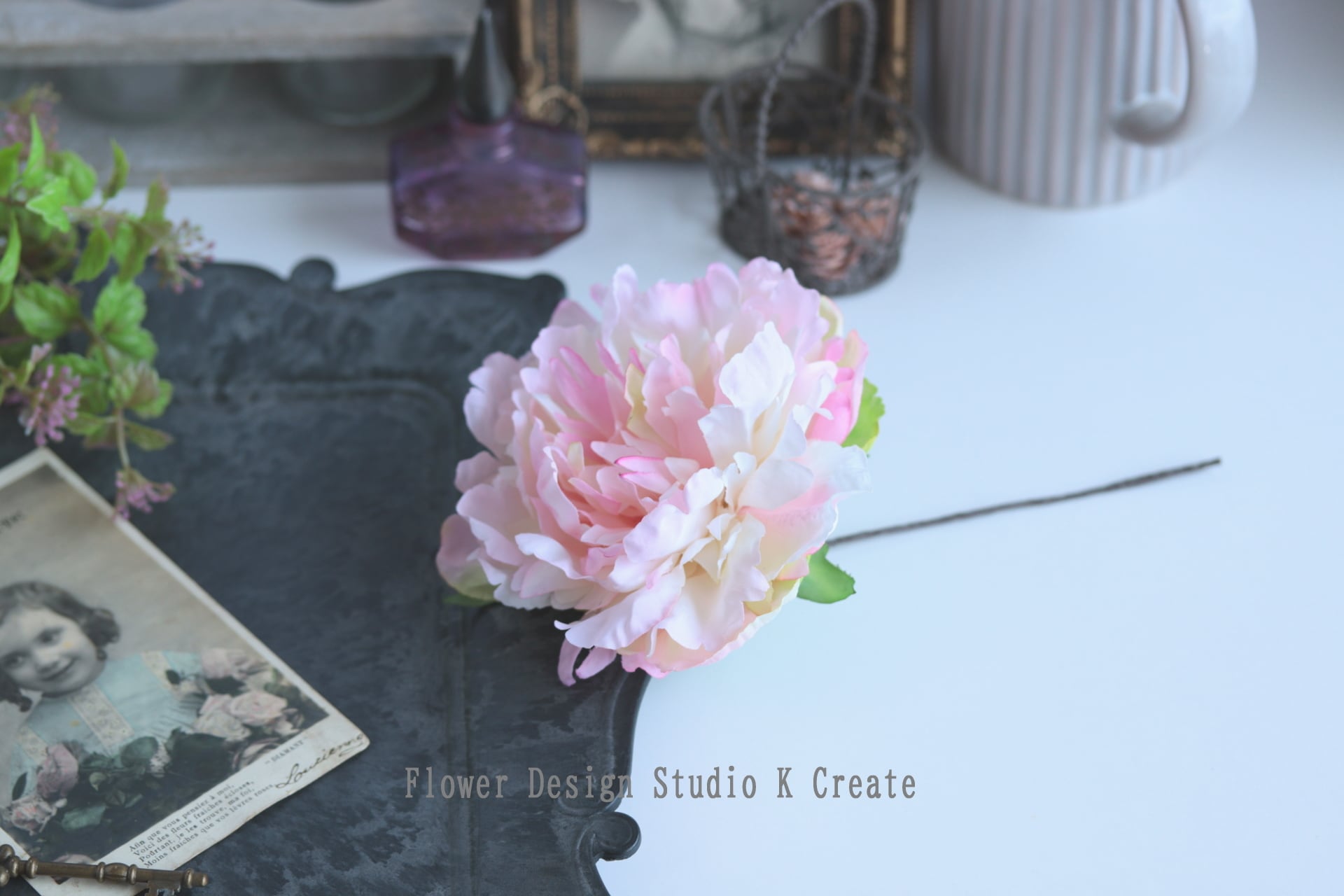 桜色のピオニーの髪飾り（シングルワイヤー仕上げ） ピンク ピオニー