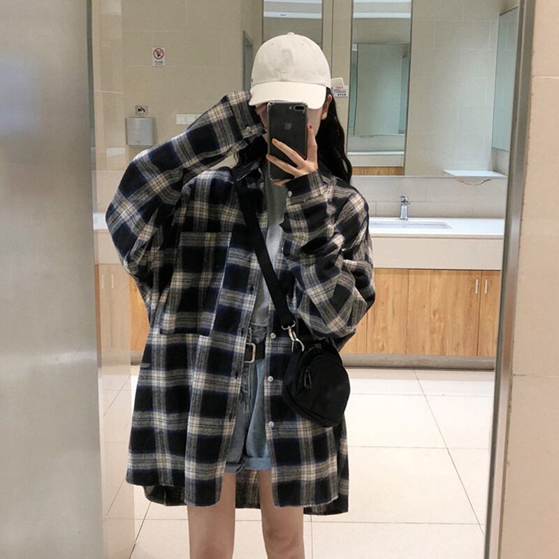 格子柄シャツ スプリングルーズトップス ロング 春物 試着室93119280554