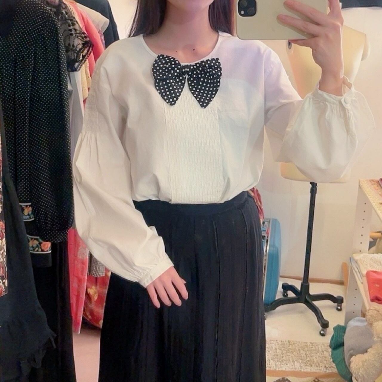PINKHOUSE / black dot ribbon pintuck blouse