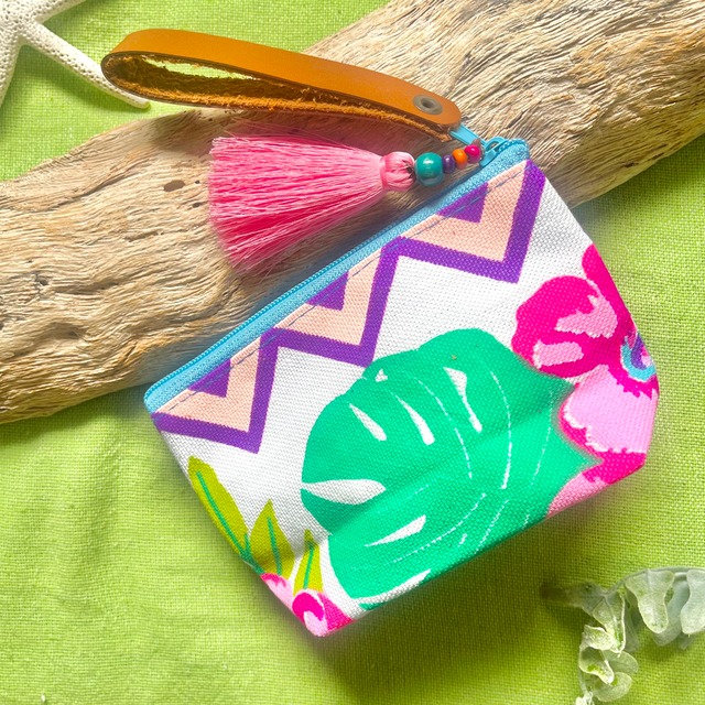 コスメポーチミニマム❤️ホワイトスカイブルーピンク×フラミンゴピンクタッセル