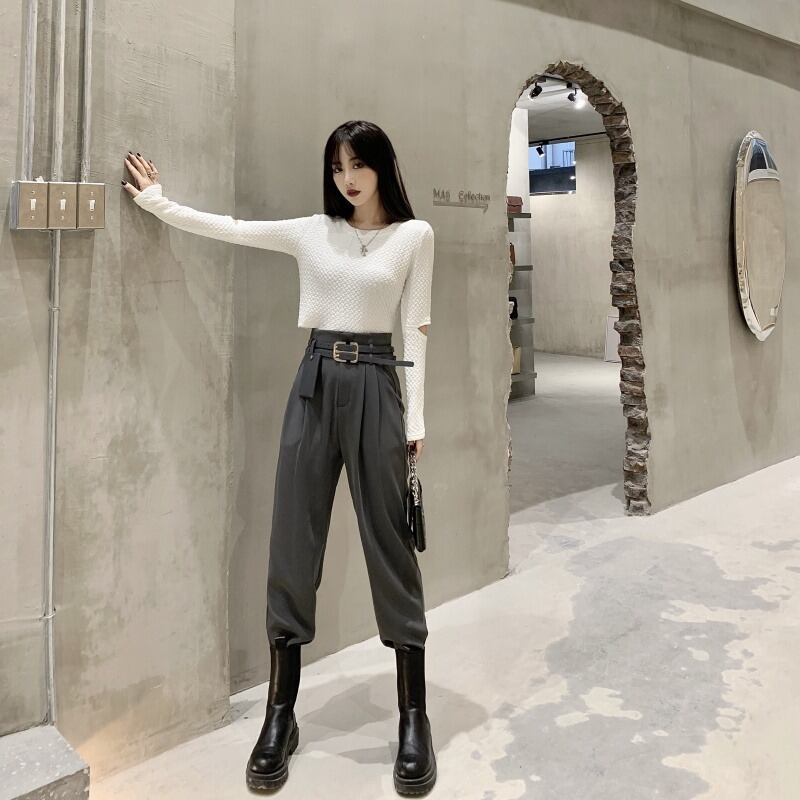 ベルトブラックスリムストレートハイウエストスーツパンツレディース秋ルーズドレープパンツ2020新しい9点パンツ ブラックストロベリース65832092236