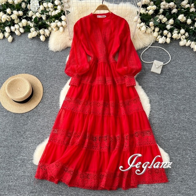 5色 レース 刺繍 ティアード ワンピース  ドレス キーネック（MA884）α