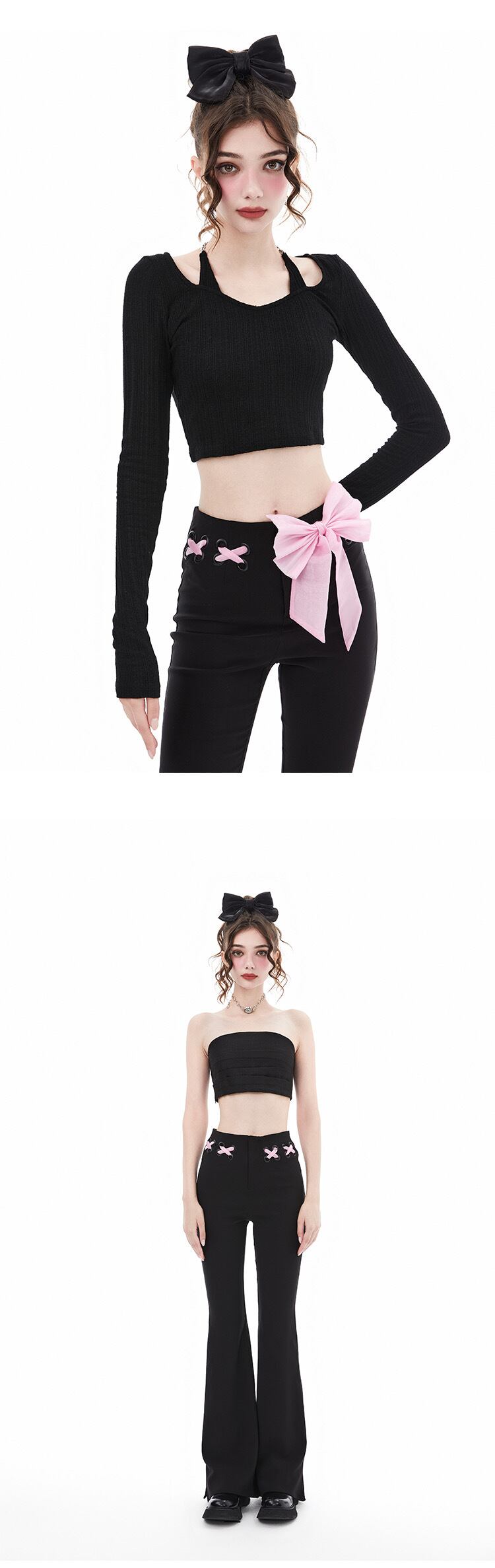 ウエアズボン ピンク 黒リボン レディース パンツ リボン 黒 ピンク パンツ スウェット グラデーション ピンク