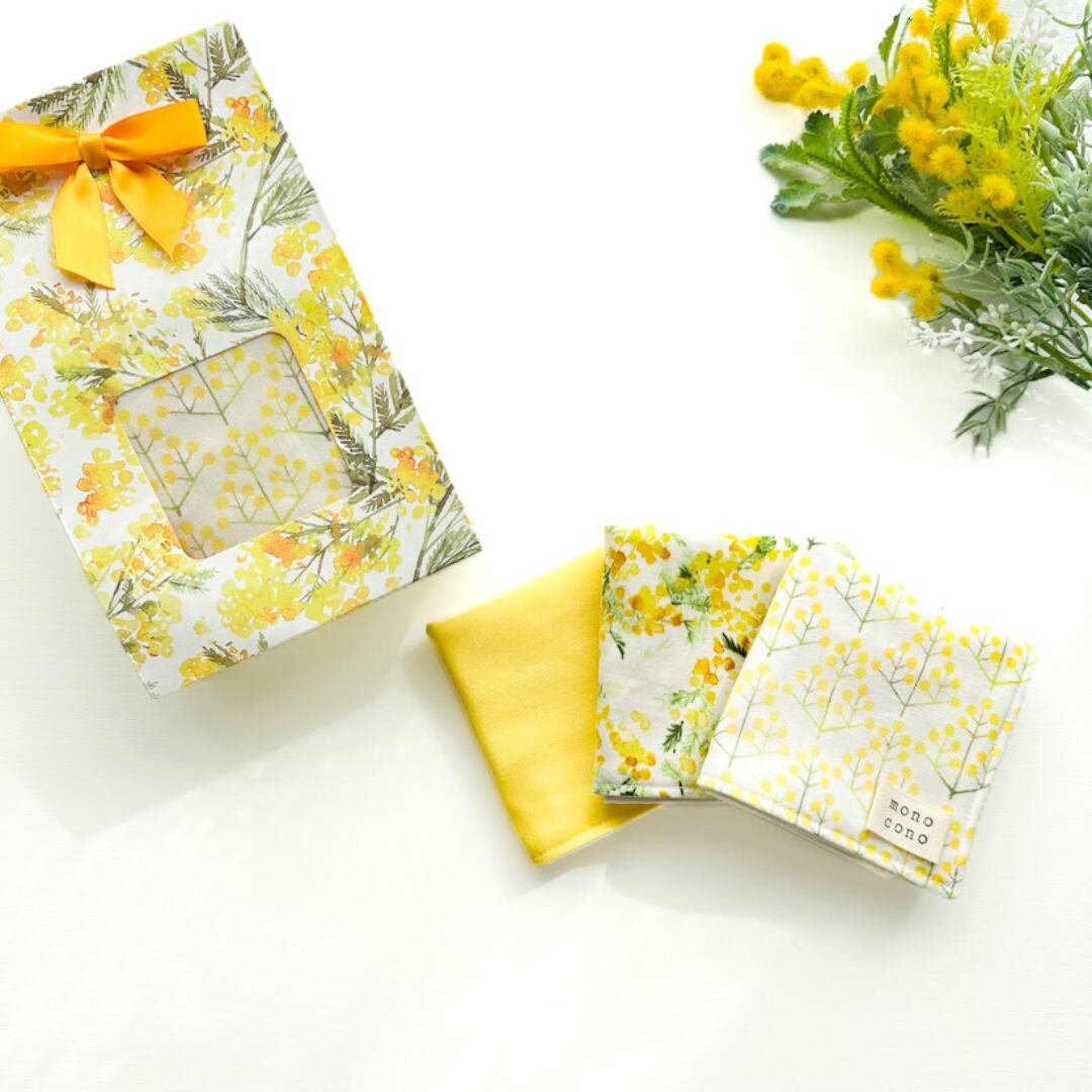 『 陽だまりミモザの贈りもの 』ガーゼハンカチ3枚セット|名入れ可|オーガニックコットン|誕生日|入園入学|