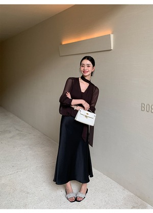 V-neck chiffon shirt camisole withTied Ribbon Set up【H00078】