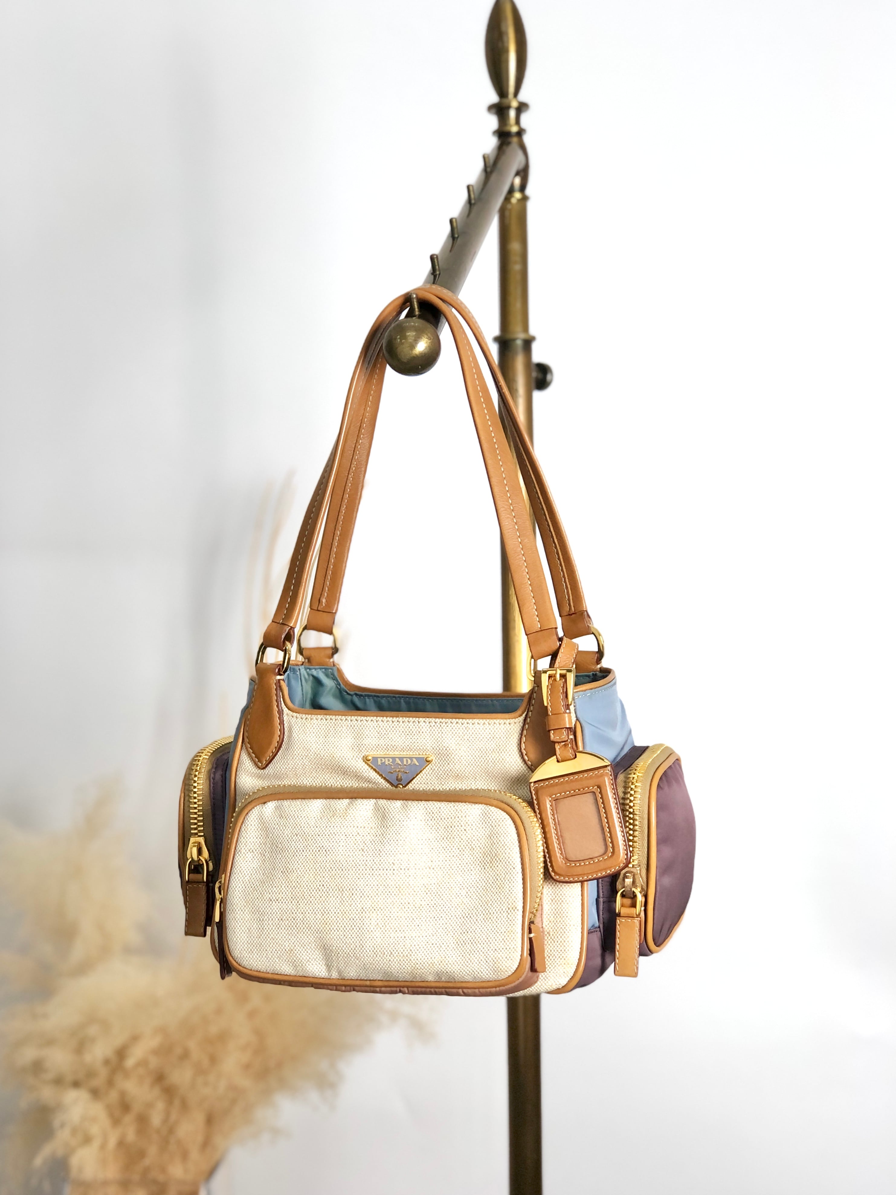 PRADA プラダ トートバッグ ベージュ ブルー トライアングルロゴ