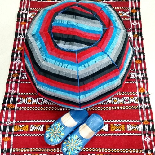 モロッコ プフ サブラシルク スツール（赤×青）オットマン POUF【モロッコ直輸入】