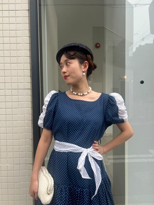 80's navy×white dot dress