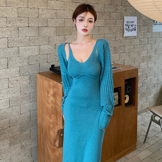 Vネックスリムニットスカート レッドオータムショートカーディガン ストリート 秋物 ガールズファッション45845700761