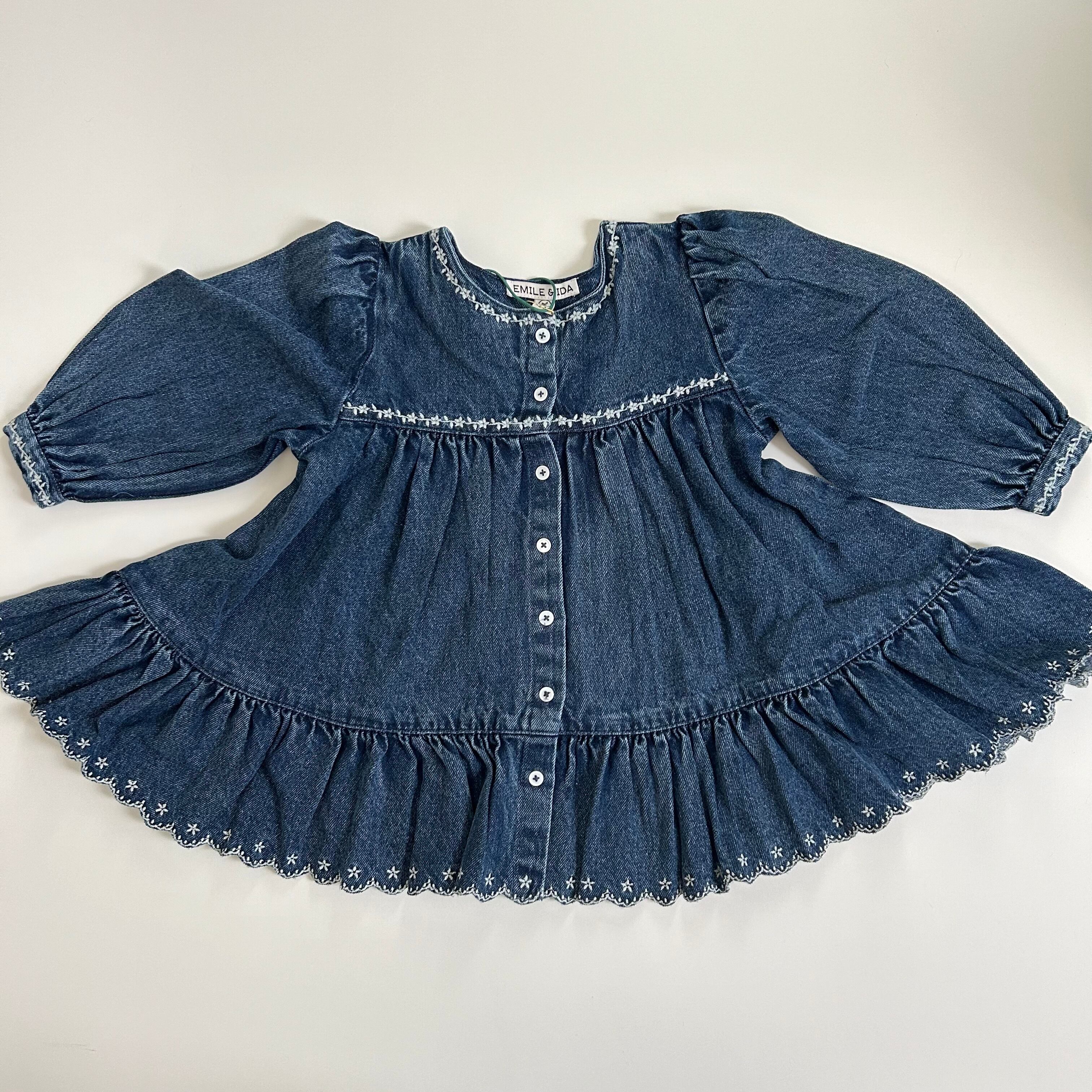 emile et ida/EMBROIDERED DENIM DRESS-denim | こどもふく &/warm