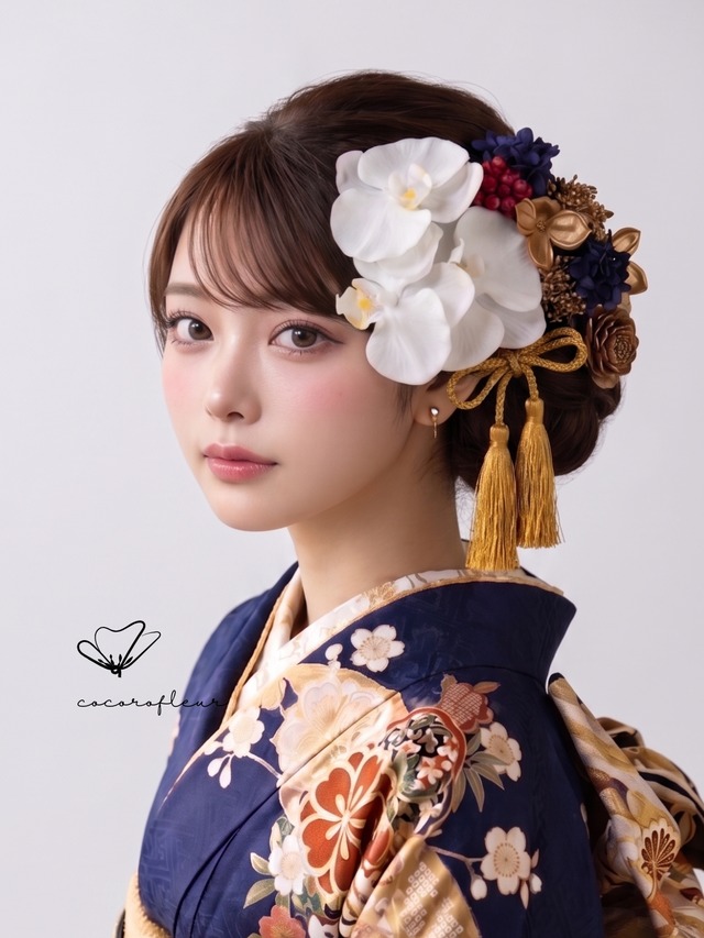 【凛とした胡蝶蘭髪飾り❤︎ブルー】 振袖　成人式　ヘアドレス　ヘアパーツ　プリザーブドフラワー　ドライフラワー  k-0048