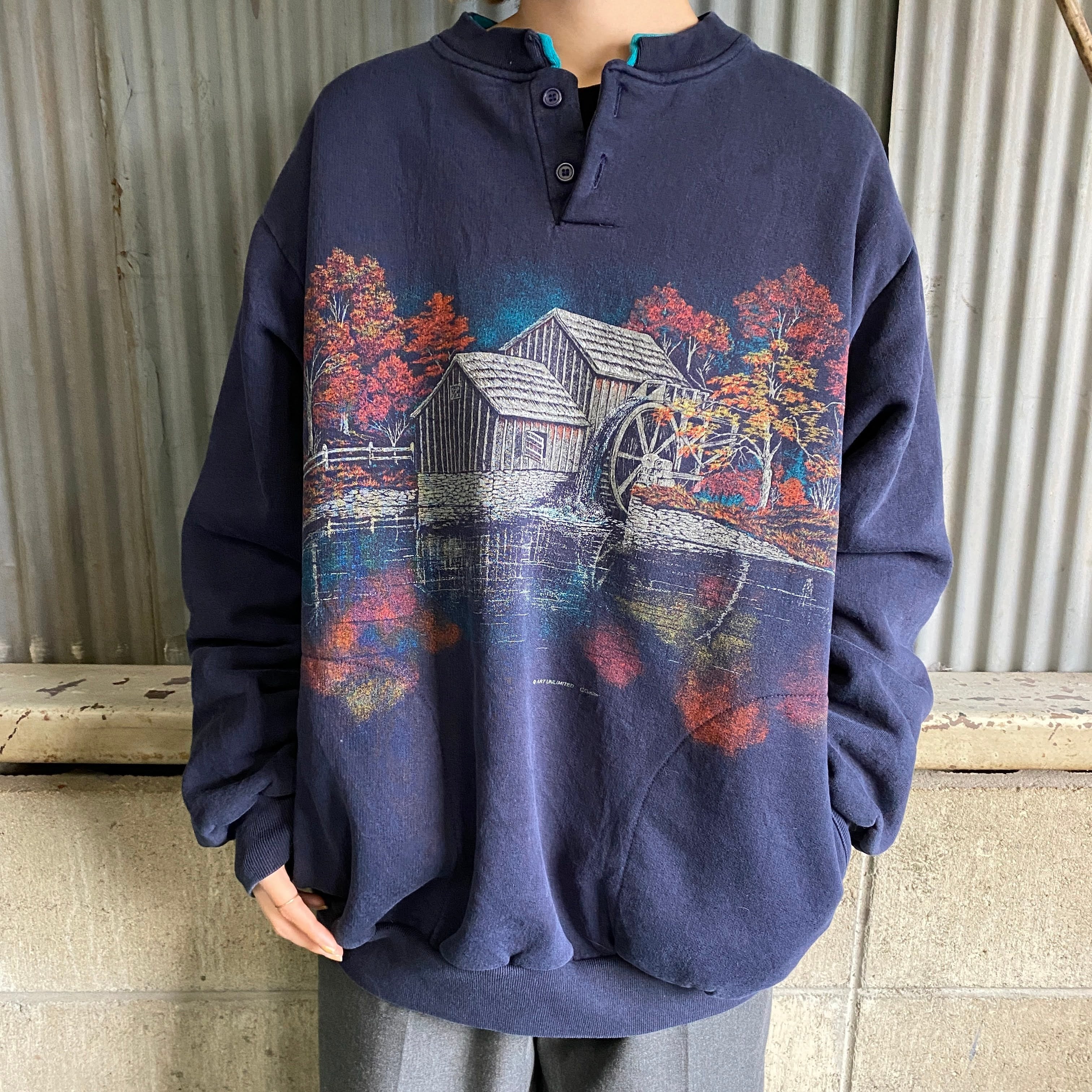 90s USA製 ウシ アート イラスト 両面 プリント スウェット メンズ レディース XL 古着 オールド アニマル トレーナー 裏起毛 大きいサイズ