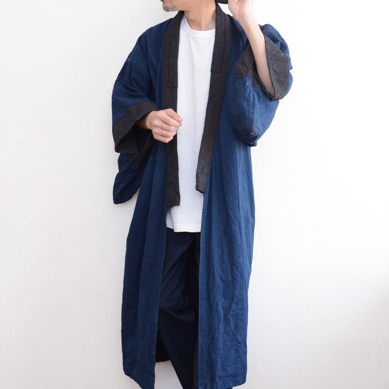 大正〜昭和初期 藍染縞木綿の男物着物｜藍無地裏の長着｜ジャパン