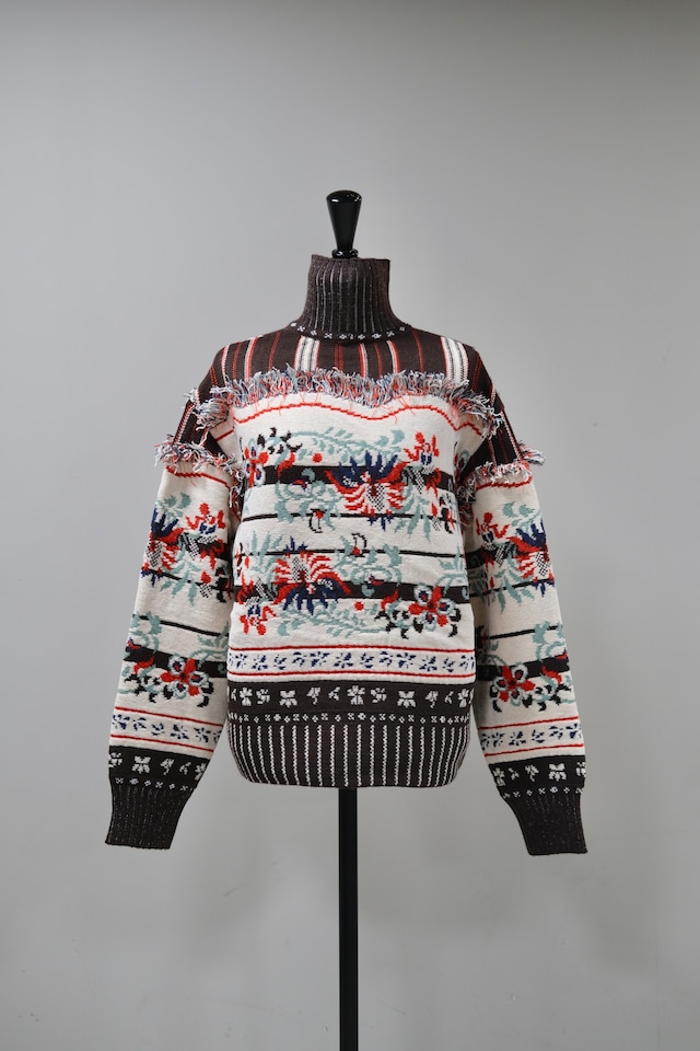 【Mame Kurogouchi】Floral Arabesque High Neck Knit Top -BROWN-