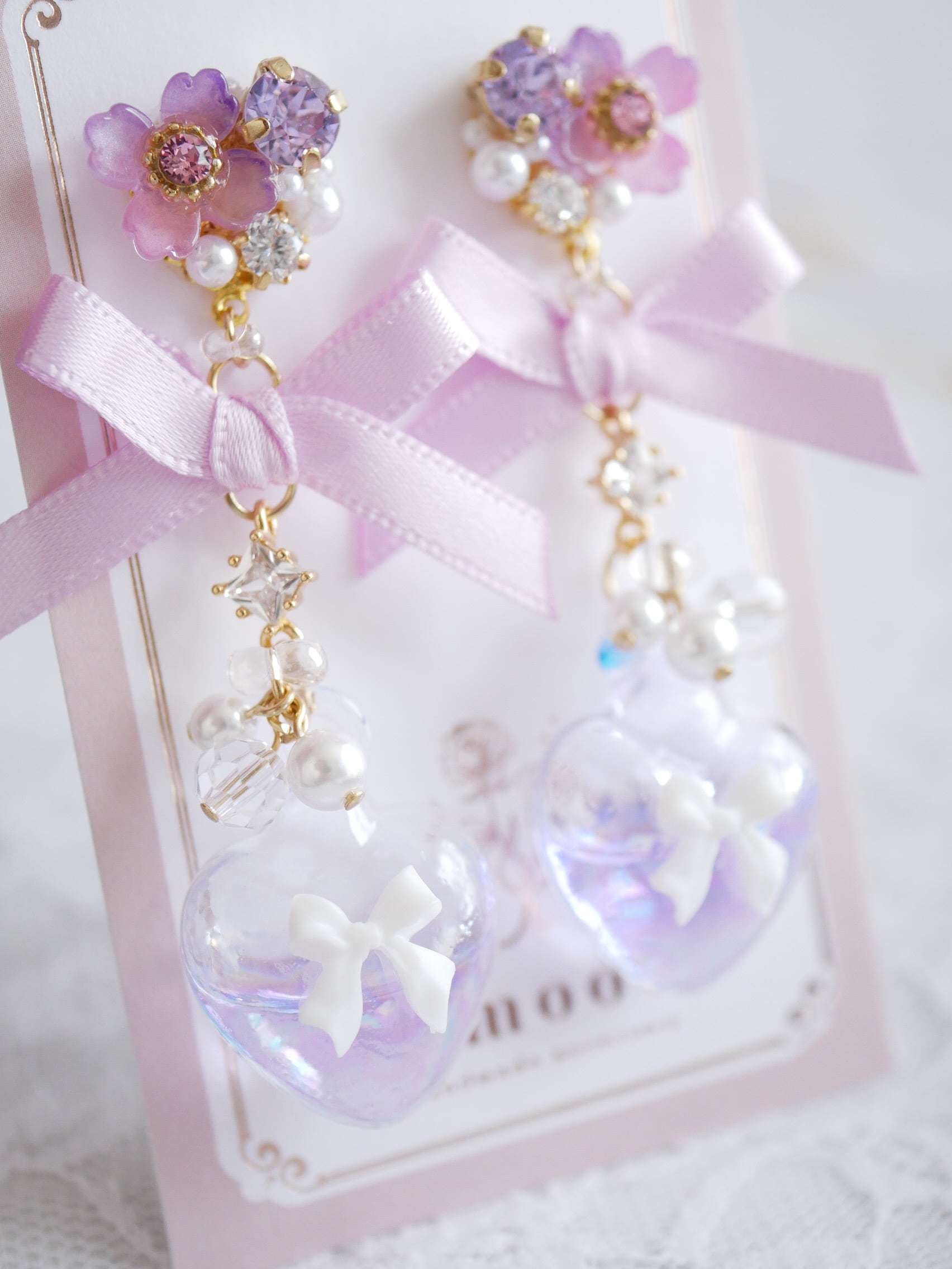 8509 ミスティアハートガラスビジューピアス/イヤリング | Amooo