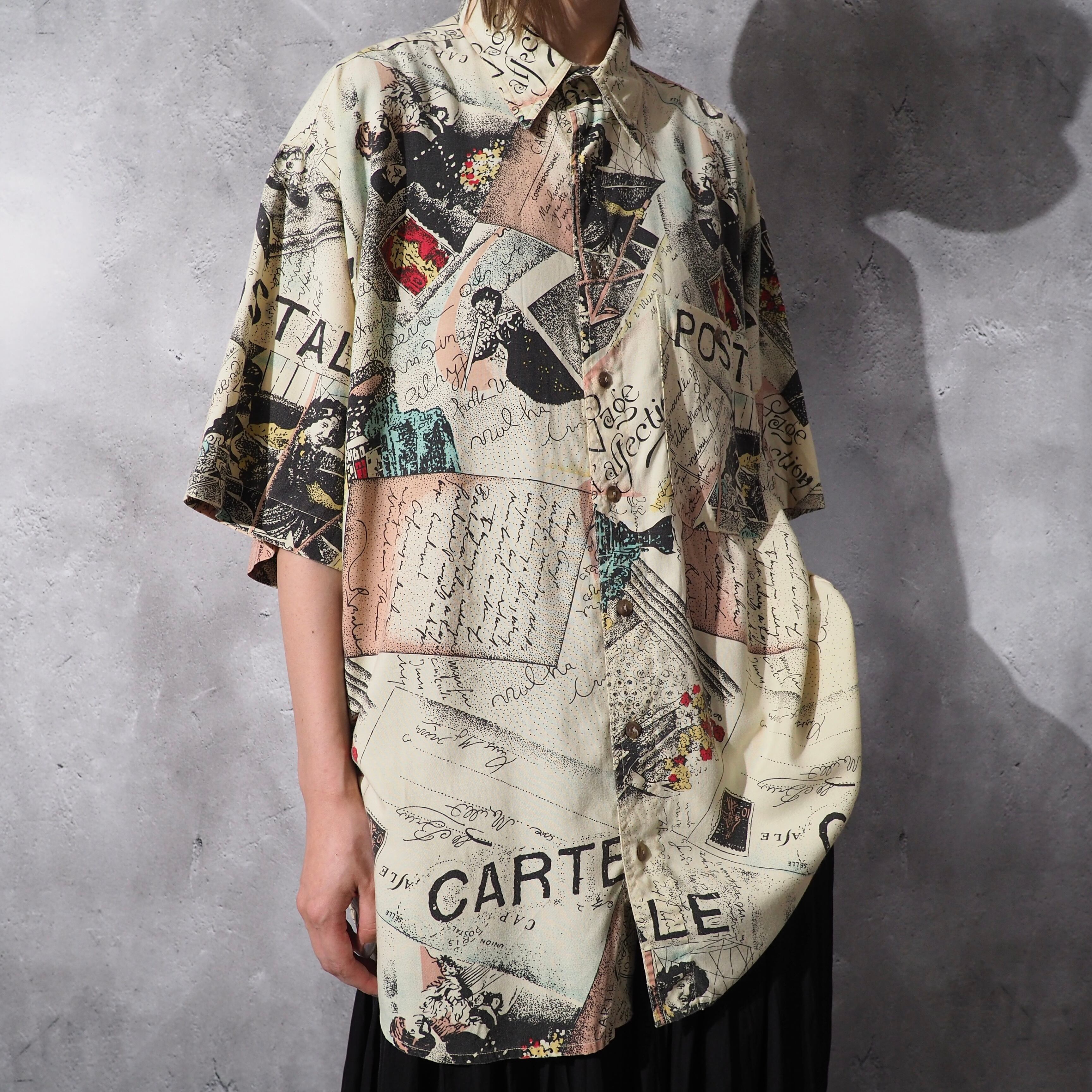 1980-90s letter paper art design vintage rayon shirt