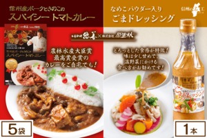 信州産ポークときのこのスパイシートマトカレー 5袋 × なめこパウダー入り ごまドレッシング 1本セット