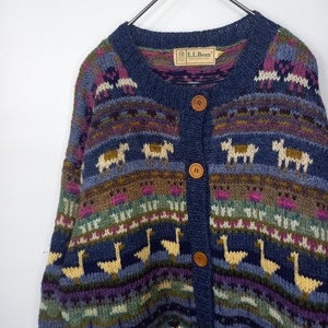 90s　エルエルビーン　カーディガン　ニット　セーター　アニマル柄　ネイビー　M