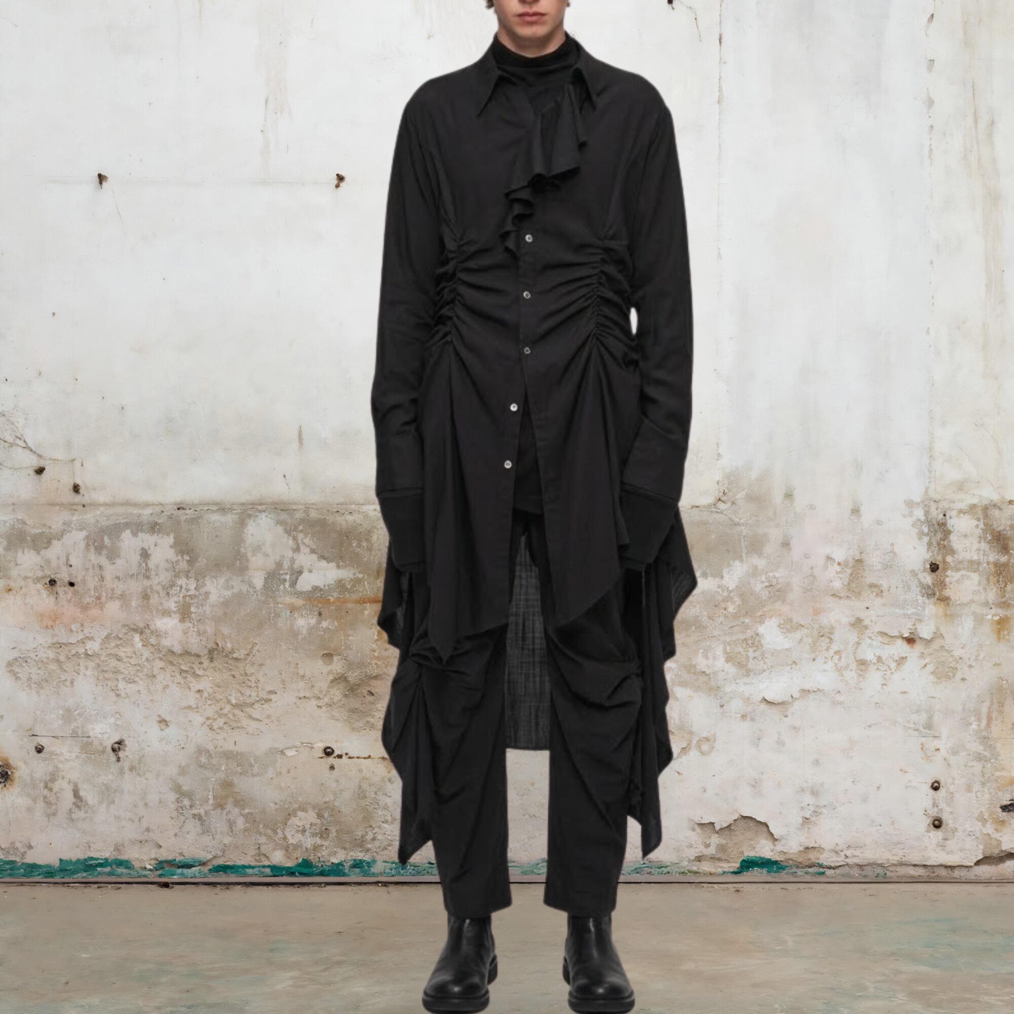 【ORV0096】Pleated Shirt Dress, Mid-Length Fitted Shirt