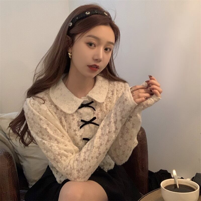 スプリングオータムスタイルショート薄手シフォントップス レディーススタンダードレースカーディガン ロング レトロ 春物 秋物 萌量不足25237876728