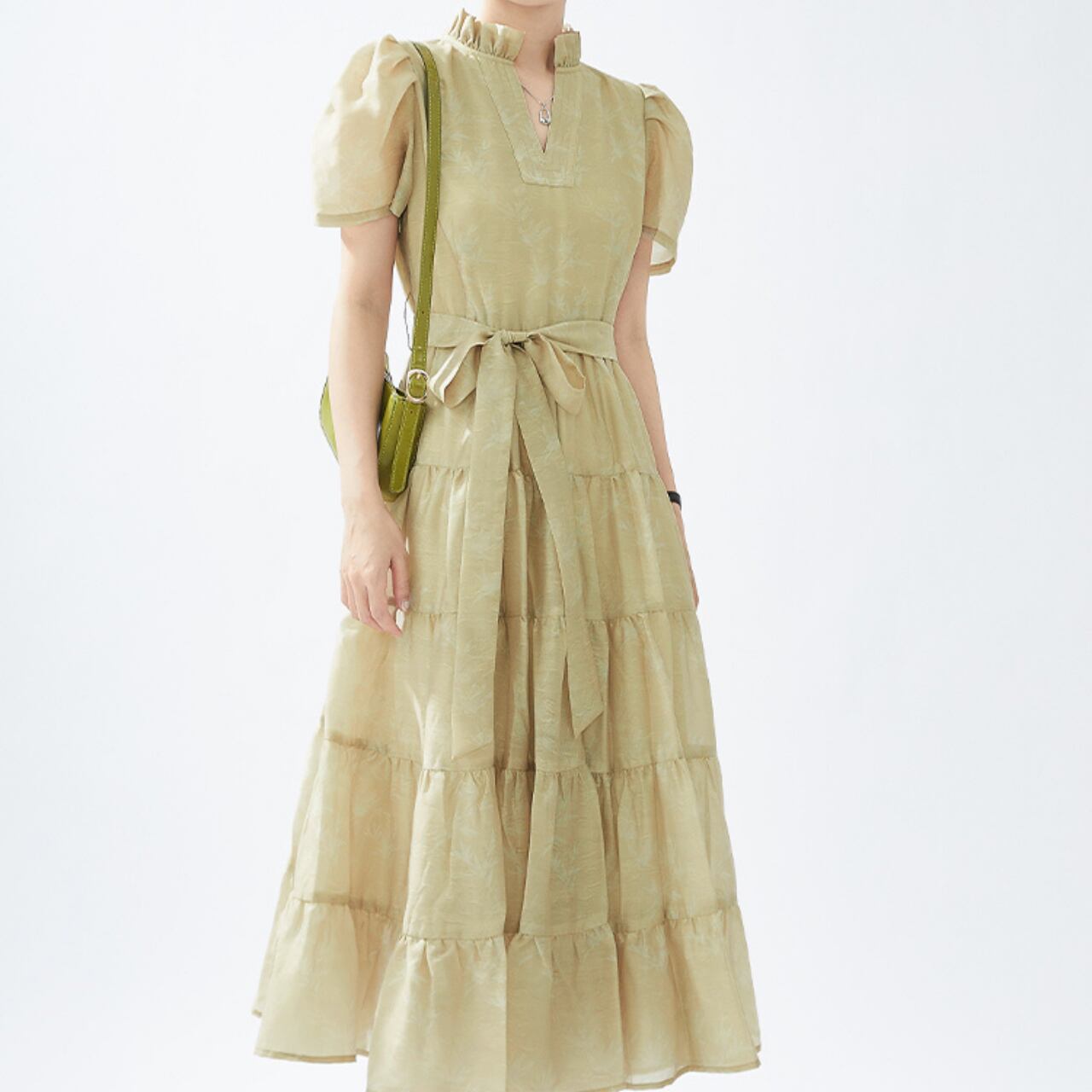 フリルVネック ティアード ワンピース-イエロー