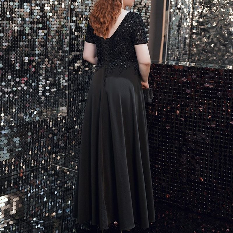 3XL〜7XL】スパンコール装飾シアーVネックドレス D1612 | 演奏会