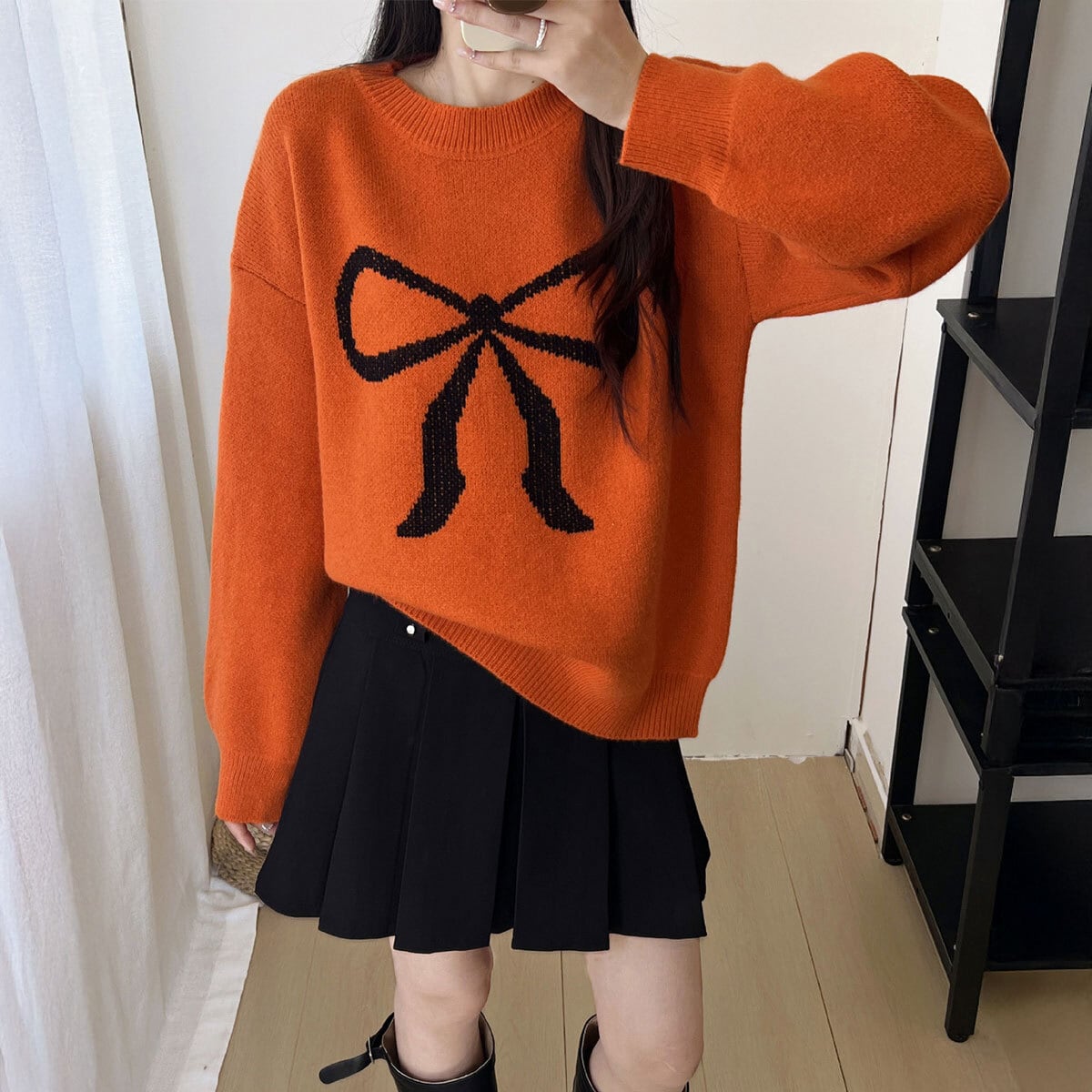 ニット セーター リボン柄 長袖 レディース 春秋冬 韓国 大人 かわいい きれいめ おしゃれ カジュアル 体型カバー ゆったり シンプル 着やせ 着回し 編み 大人可愛い 大人女子