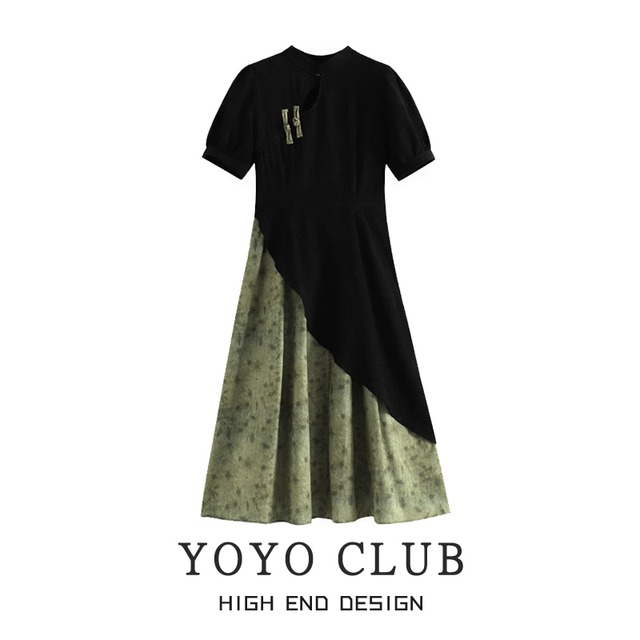 【YOYO CLUBシリーズ】★チャイナ風ワンピース★ チャイナドレス フェイクレイヤード 切り替え 大きいサイズ 黒 緑