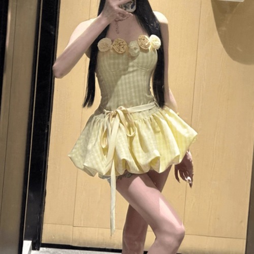 【2点セット】フラワーデコチェックバルーンキャミワンピ＋インナーパンツ ・70536