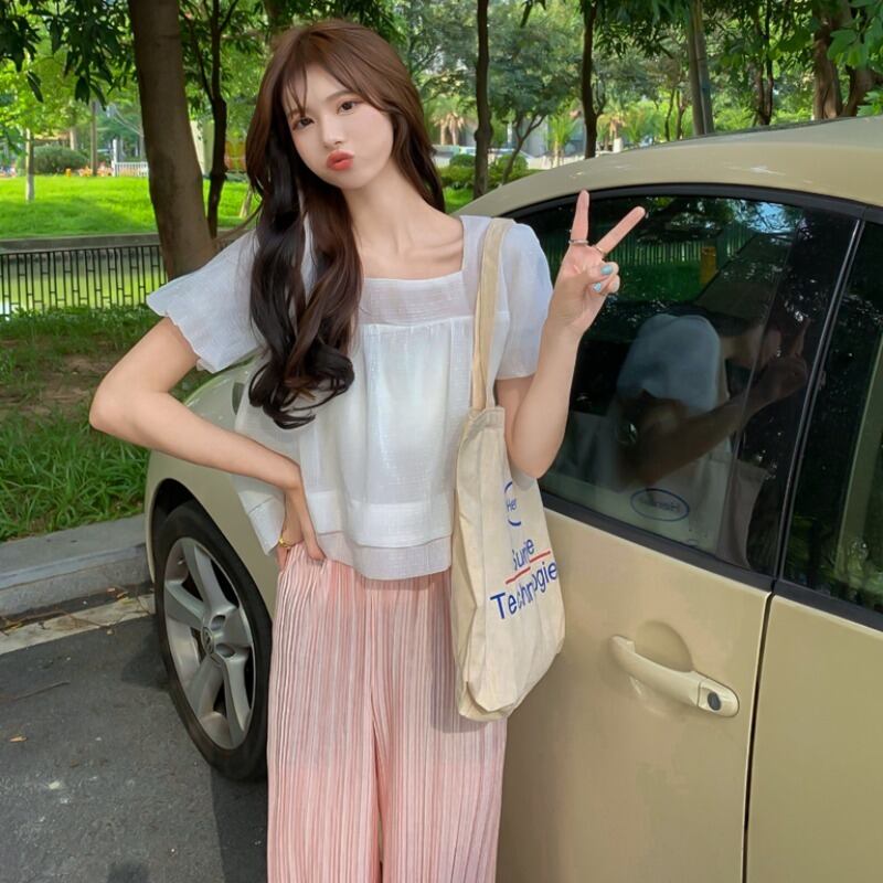 サマースタイルカラーシャツ ホワイトトップス リボン 大人ガーリー スウィート キュート カジュアル 夏物 スクウェア YY-ファッション21230494027