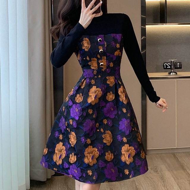 【森森家シリーズ】ワンピース OL/通勤 花柄 Aライン 長袖 切り替え 大きいサイズ パープル S M L XL 2XL