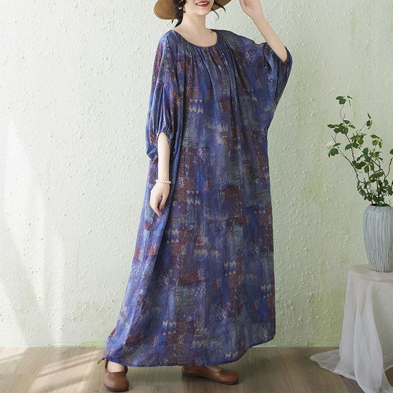 LOOSE LINEN PRINT PLEATED PULLOVER MAXI DRESS M-17991