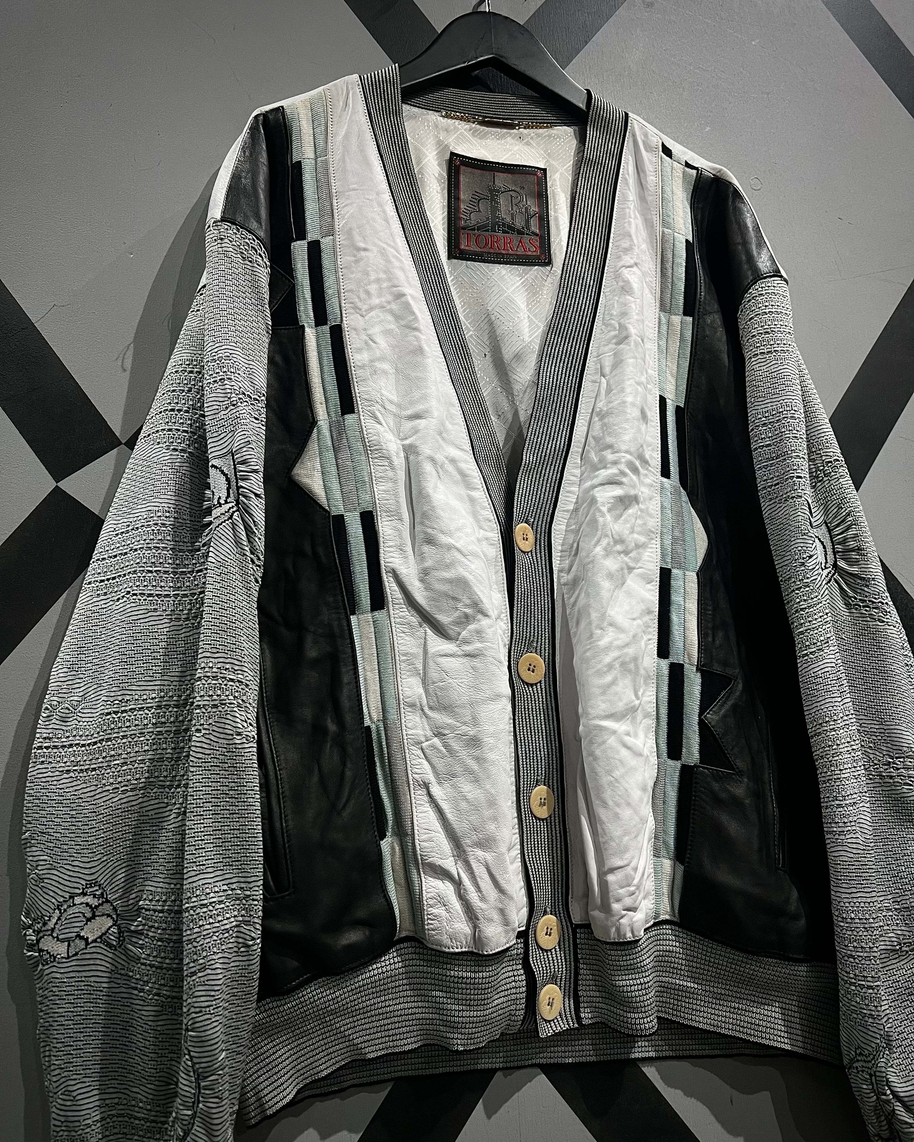 TORRAS VINTAGE SPAIN製 総柄 レザー切替コットンカーディガン 【公式 