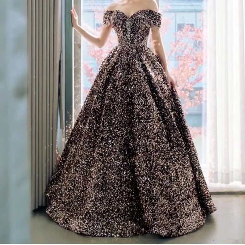 フリンジグリッターブラックドレス D0172