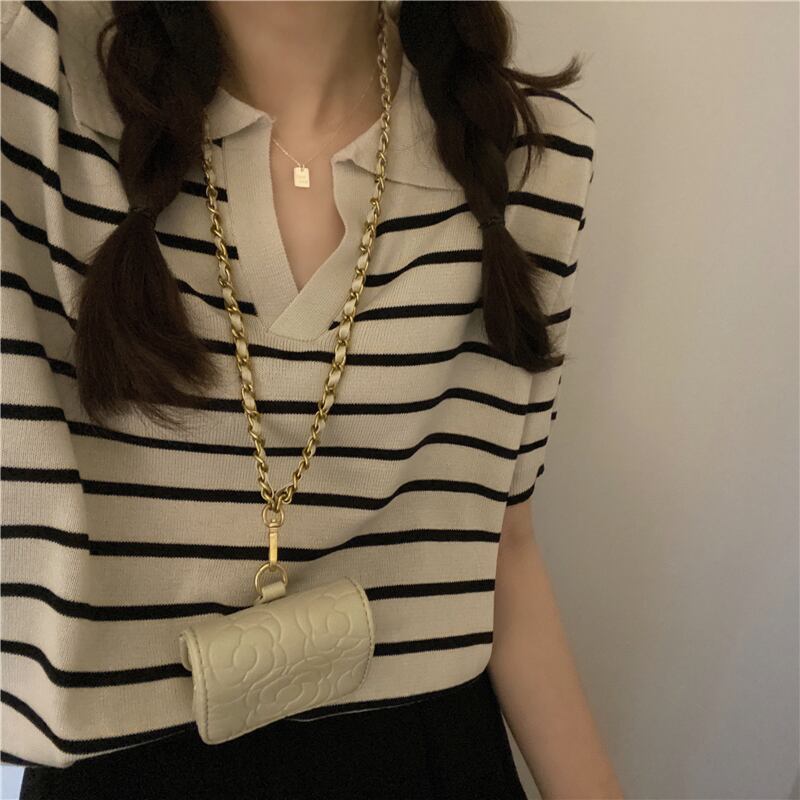 スタンダードスタイルルーズストライプセーター Tシャツ サマースリムトップス レトロ 夏物 ブラックストロベリース98131565638