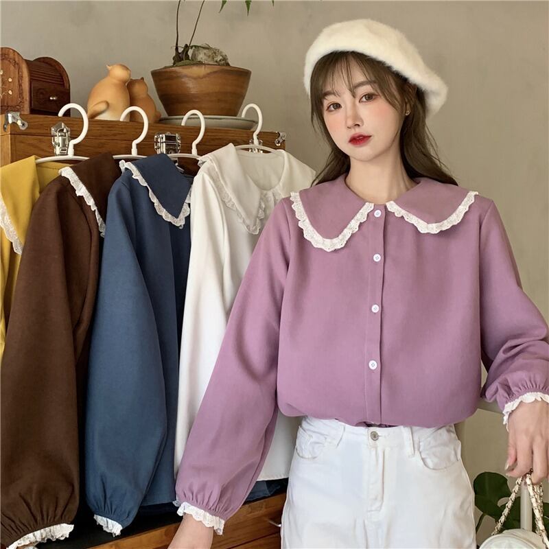 シャツ オータムトップス レディースレースカラールーズ薄手 ロング 大人ガーリー スウィート キュート カジュアル 秋物 1号婦人42658832793