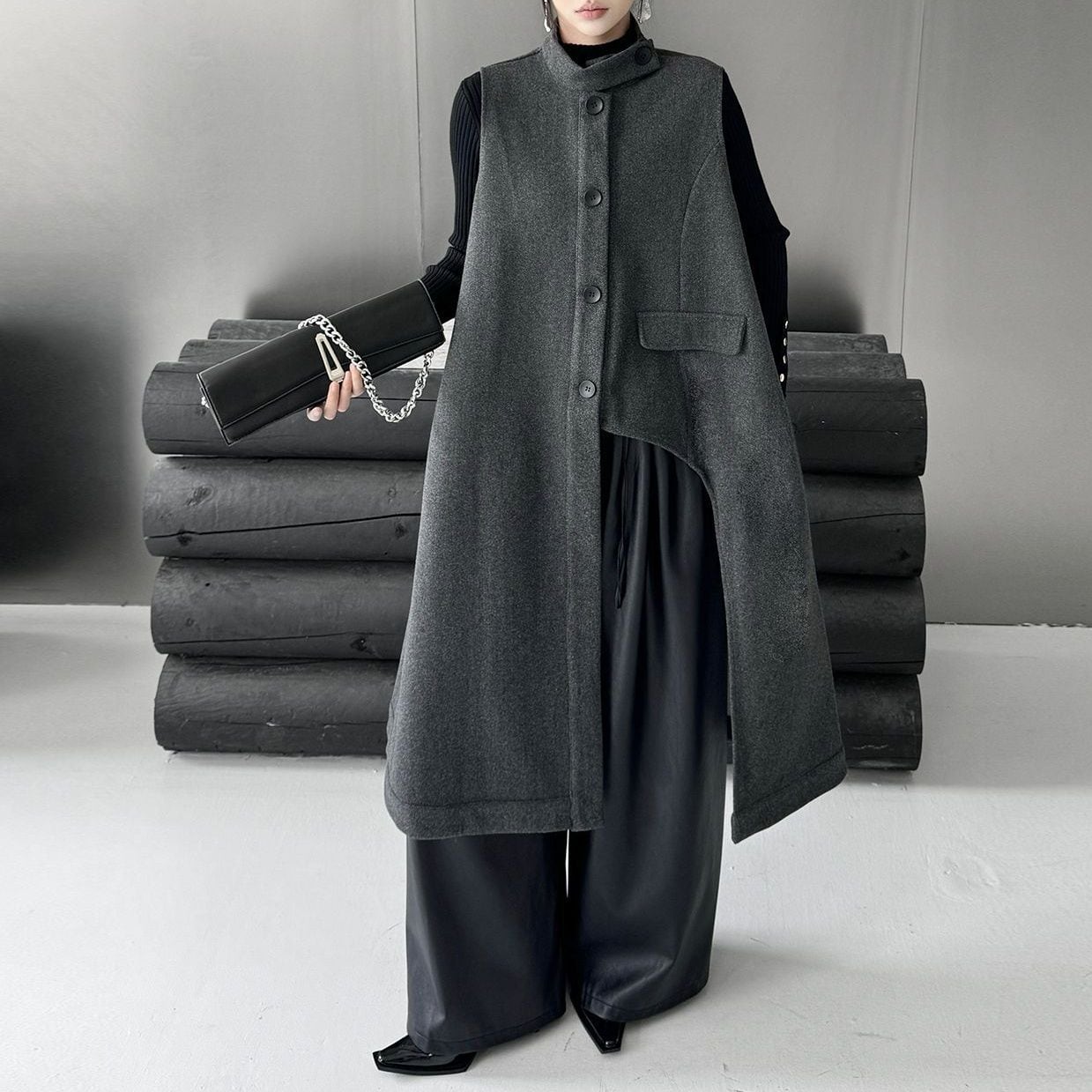 SOLID STAND COLLAR ASYMMETRIC A-LINE LONG VEST JACKET 2colors M-15289
