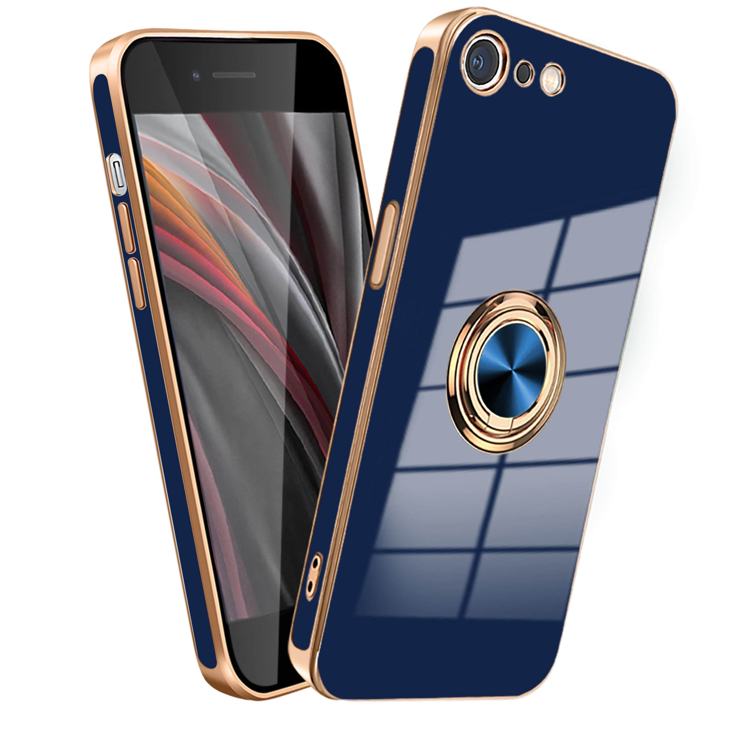 MiaoKeDa iPhone SE2 SE3 7 8 対応 ケース リング 耐衝撃 いphone リング付き スマホケース TPU 車載ホルダー ストラップホール付き メッキ加工 カバー ネイビーブルー