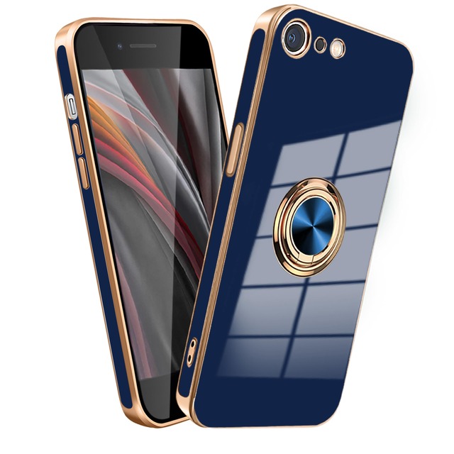 MiaoKeDa iPhone SE2 SE3 7 8 対応 ケース リング 耐衝撃 いphone リング付き スマホケース TPU 車載ホルダー ストラップホール付き メッキ加工 カバー ネイビーブルー