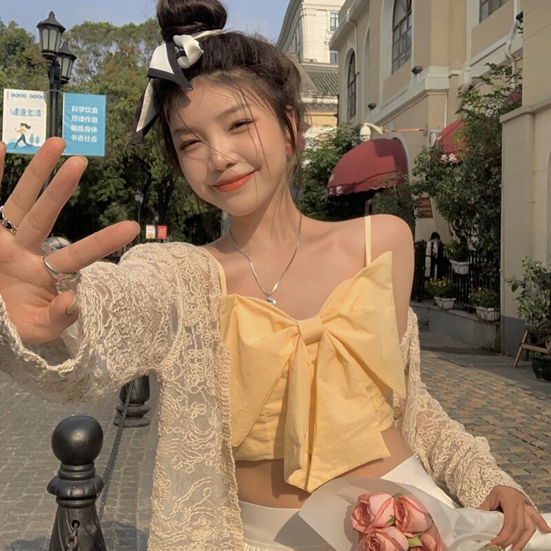 リボンサマーレッドショートトップス 夏物 スーパーモール13917577208