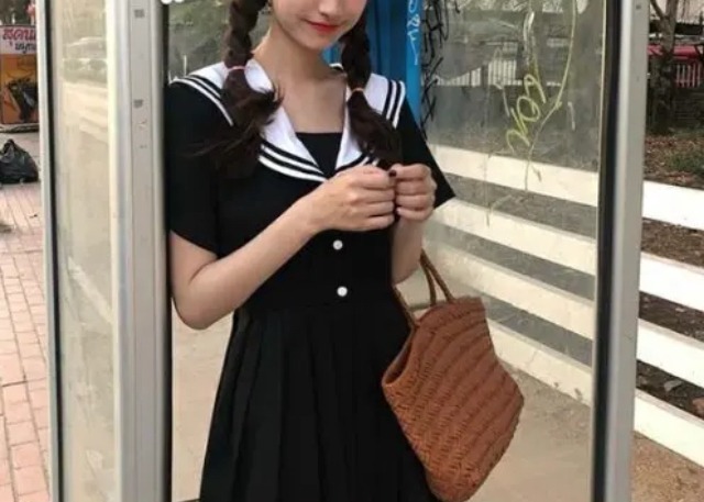 セーラー服 夏半袖 ロングワンピース ブラック 韓国ファッション