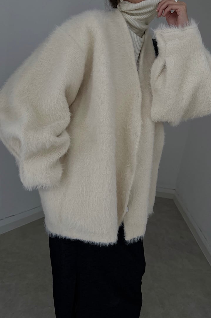 Volume sleeve shaggy knit cardigan | WELINOA