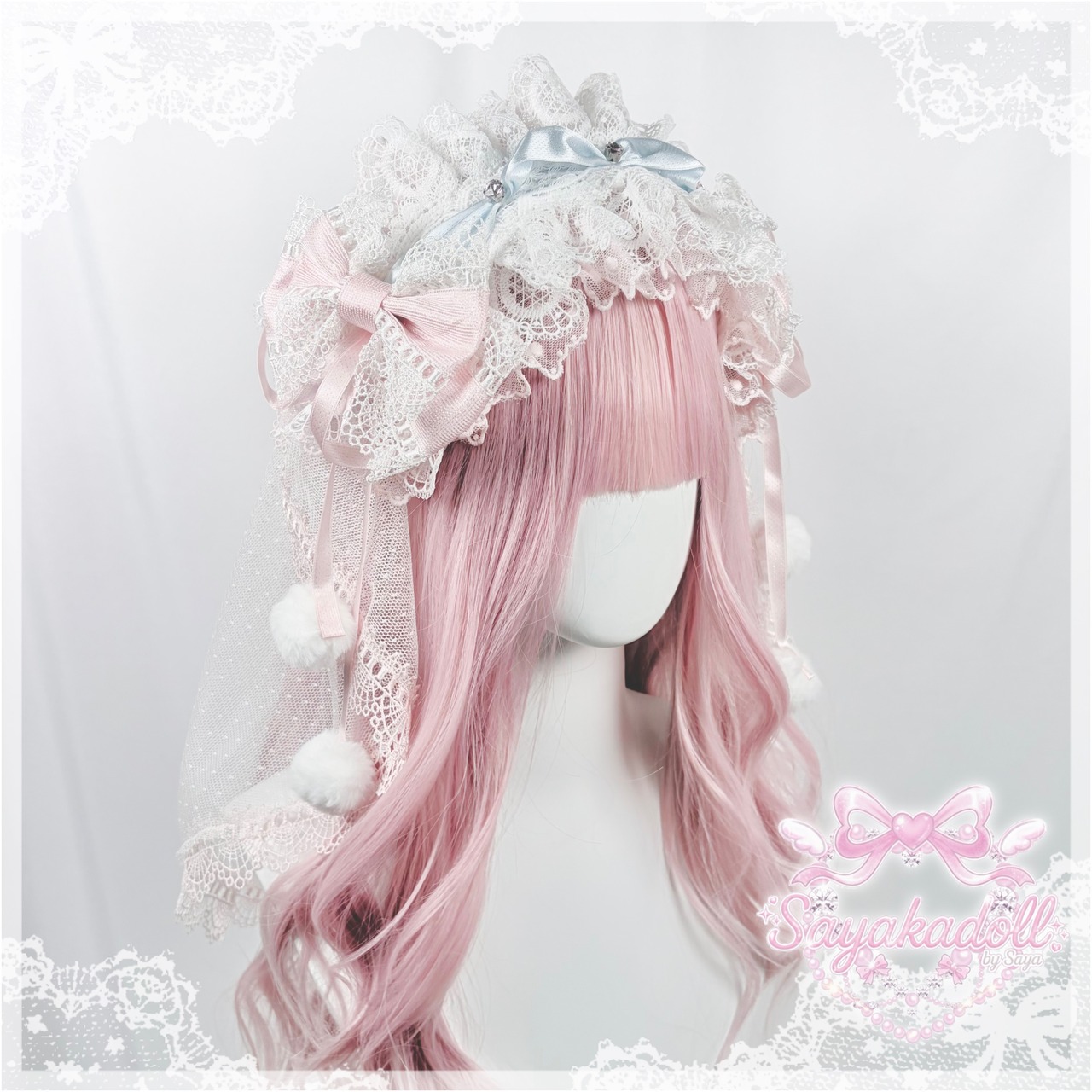 ♡【全5色】MAID 3way マシュマロリボンの夢色フリルレースヘッドドレス＋ヴェールセット light blue×pink ♡