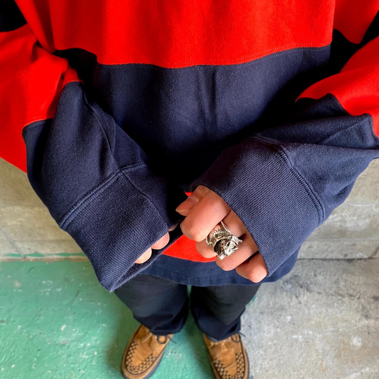 Ralph Lauren ネイビー/レッド ポロシャツ　長袖 swag y2k ポロバイラルフローレン ボーダー 長袖 ラガーシャツ メンズL 古着