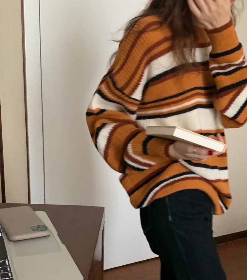 スタイルストライプスタンダードプルオーバー セーター ルーズコート オータムトップス レトロ 秋物 モンロー738589702