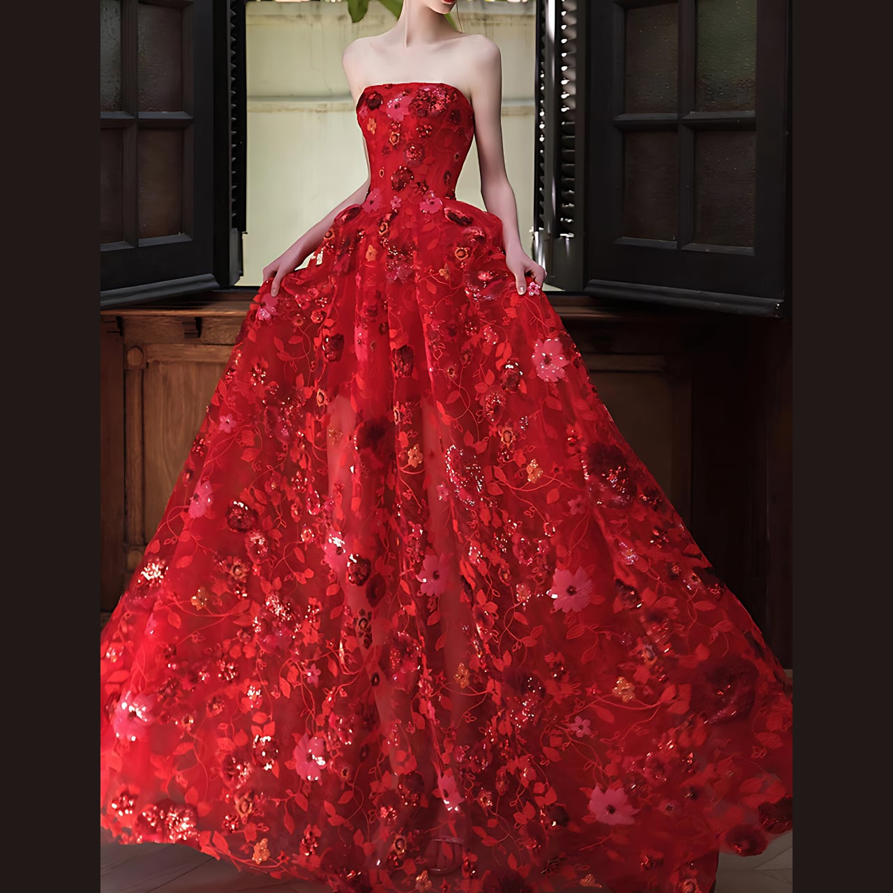 お花の刺繍 レッドビスチェHR 1552