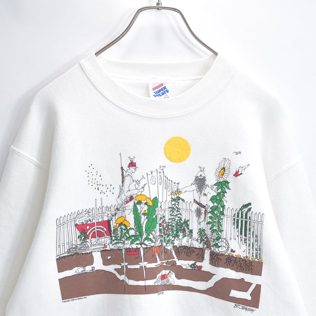 80s USA製 ジャージーズ JERZEES グラフィック アートデザイン プリント スウェット トレーナー ガーデニング イラスト プリント ホワイト 裏起毛 ヴィンテージ ビンテージ 古着 メンズMサイズ